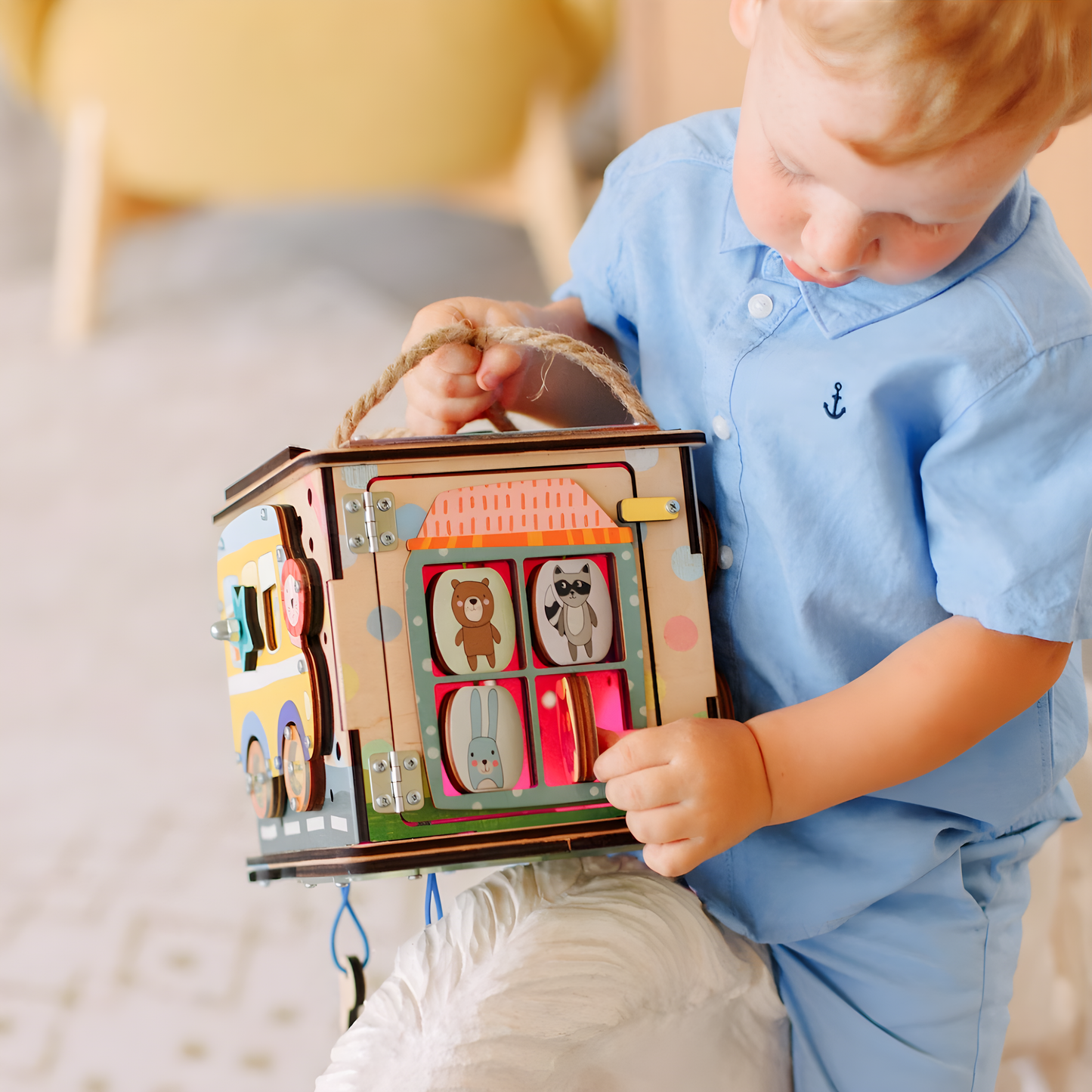 Montessori Wooden Busy Box with Light – Sensory Activity Box for Babies and Toddlers