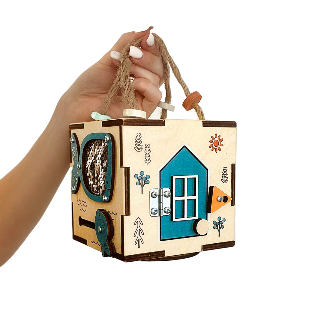 Montessori Busy Cube – Compact Sensory Wooden Toy for Toddler or Baby – Activity Box