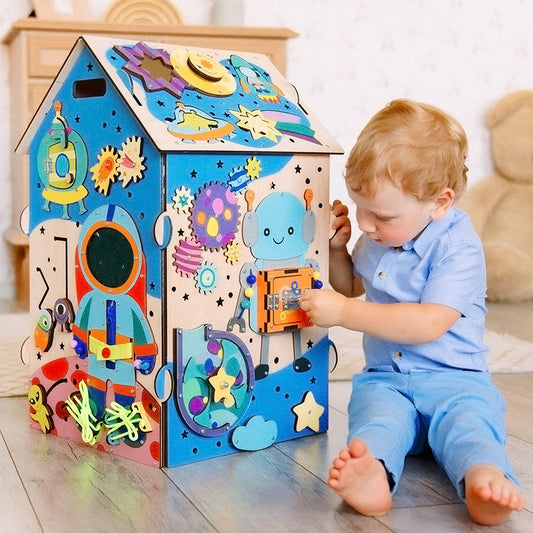 Wooden Montessori Busy House – Space Theme Activity Toy for Babies, Toddlers & Preschoolers