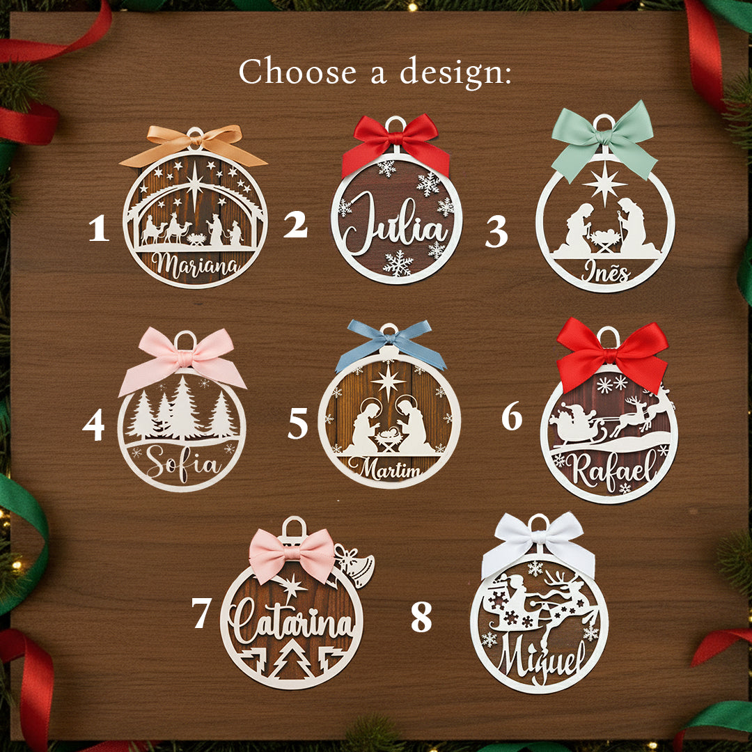 Bolas de Natal Personalizadas com Nome em Madeira | Decoração de Árvore de Natal | Etiquetas para Presentes de Natal