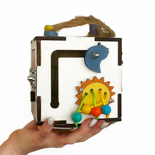 White Montessori Busy Cube Fine Motor Toy for Babies – Travel Wooden Activity Box