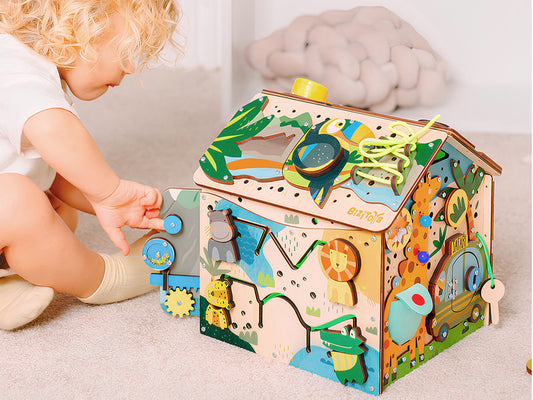 Montessori Wooden Busy House with Light – Safari Activity Box for Toddlers (Ages 0–5)