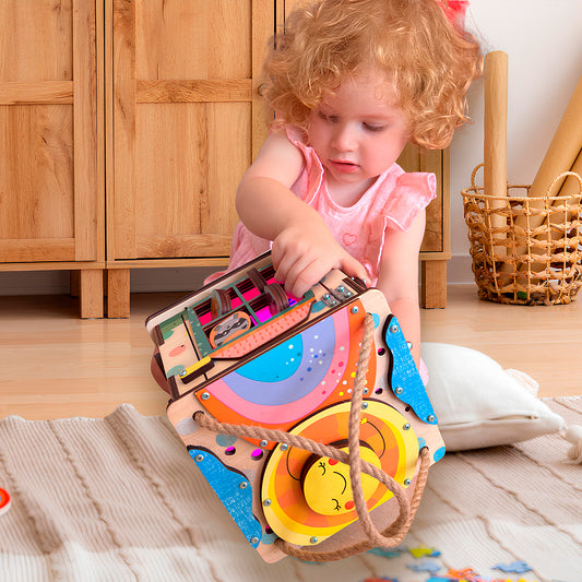 Montessori Wooden Busy Box with Light – Sensory Activity Box for Babies and Toddlers