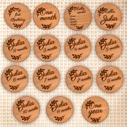 Set of 15 Personalized Wooden Baby Milestone Cards – Monthly Milestone Photoshoot Discs