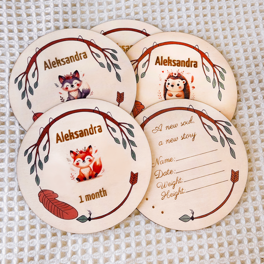 Set of custom Colored Boho Woodland Baby Milestone Cards – 12 Monthly + 1 Bonus Disc for Photoshoot & Memory Keepsakes