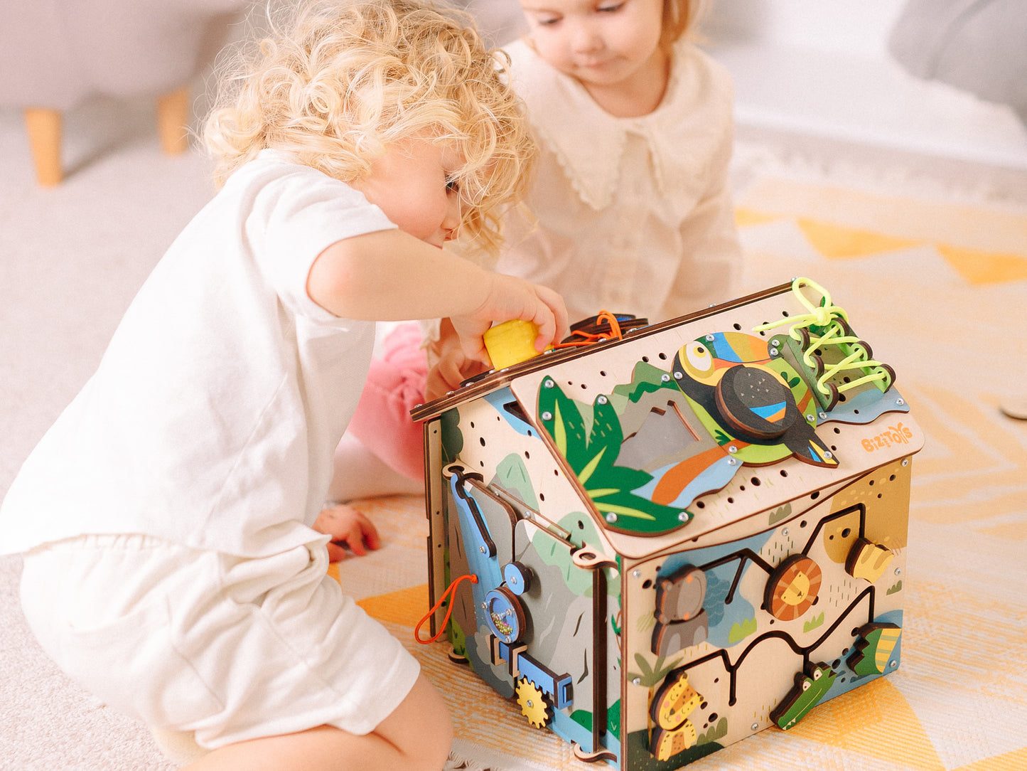 Montessori Wooden Busy House with Light – Safari Activity Box for Toddlers (Ages 0–5)