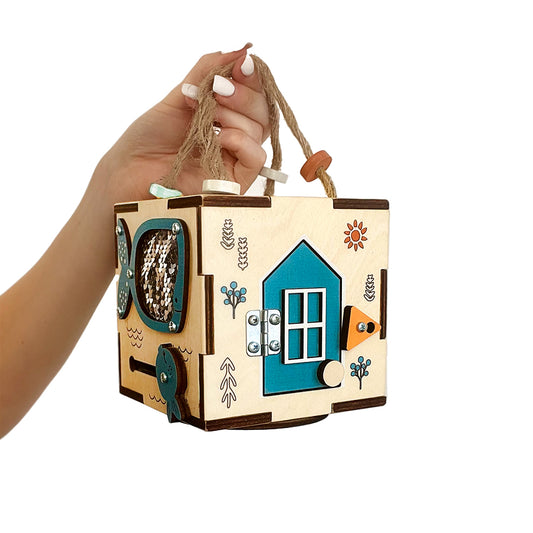 Montessori Busy Cube – Compact Sensory Wooden Toy for Toddler or Baby – Activity Box