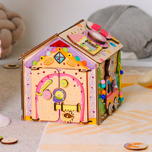 Montessori Wooden Busy House – Candy Playhouse with LED Light – Educational Toy for Toddlers
