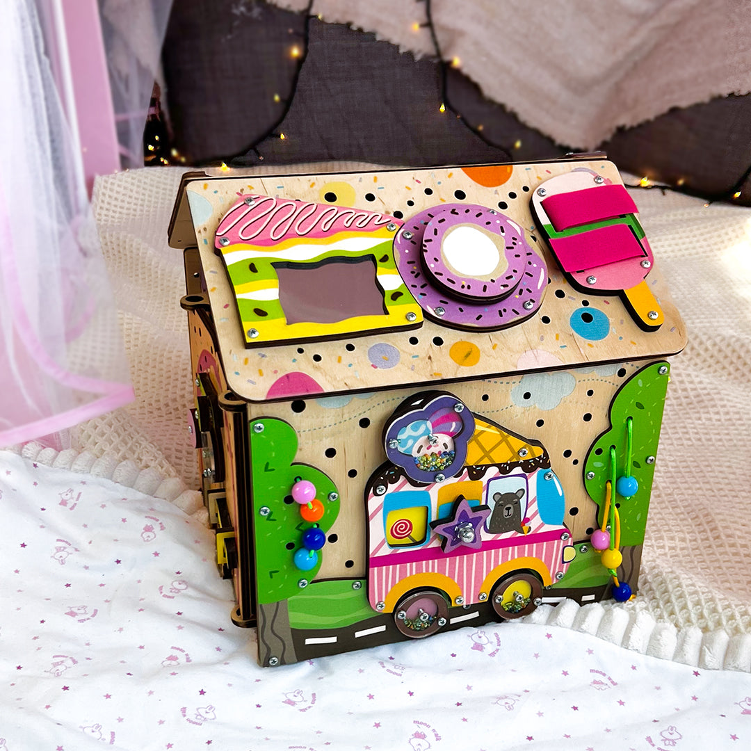 Montessori Wooden Busy House – Candy Playhouse with LED Light – Educational Toy for Toddlers