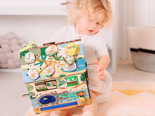 Montessori Wooden Busy House with Light – Safari Activity Box for Toddlers (Ages 0–5)