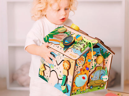 Montessori Wooden Busy House with Light – Safari Activity Box for Toddlers (Ages 0–5)