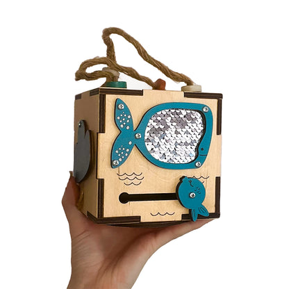 Montessori Busy Cube – Compact Sensory Wooden Toy for Toddler or Baby – Activity Box