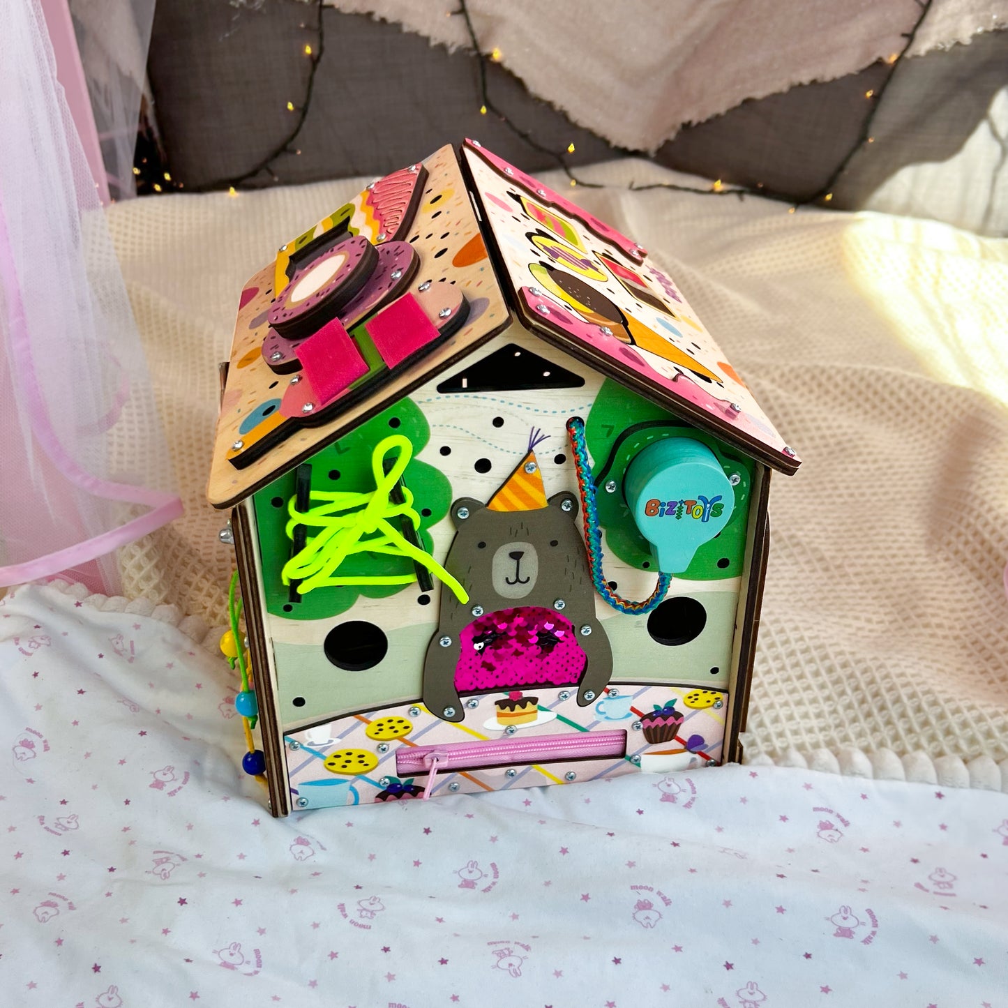 Montessori Wooden Busy House – Candy Playhouse with LED Light – Educational Toy for Toddlers