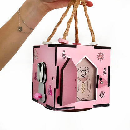 Pink Montessori Busy Box – Wooden Educational Toy for Babie and Toddlers