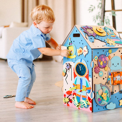 Wooden Montessori Busy House – Space Theme Activity Toy for Babies, Toddlers & Preschoolers