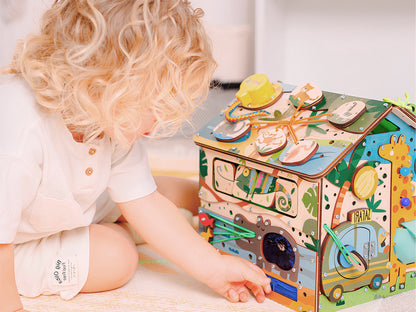 Montessori Wooden Busy House with Light – Safari Activity Box for Toddlers (Ages 0–5)