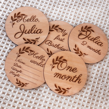 Set of 15 Personalized Wooden Baby Milestone Cards – Monthly Milestone Photoshoot Discs