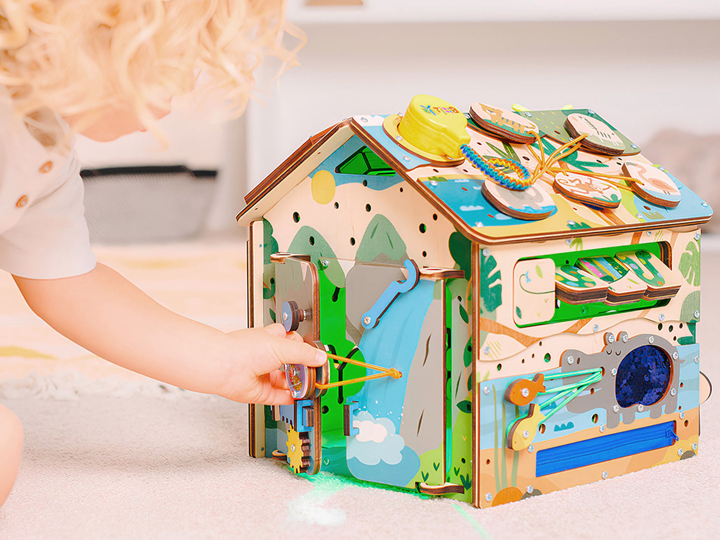 Montessori Wooden Busy House with Light – Safari Activity Box for Toddlers (Ages 0–5)