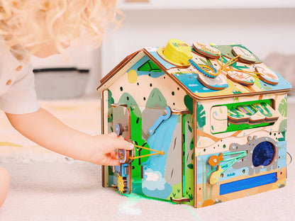 Montessori Wooden Busy House with Light – Safari Activity Box for Toddlers (Ages 0–5)