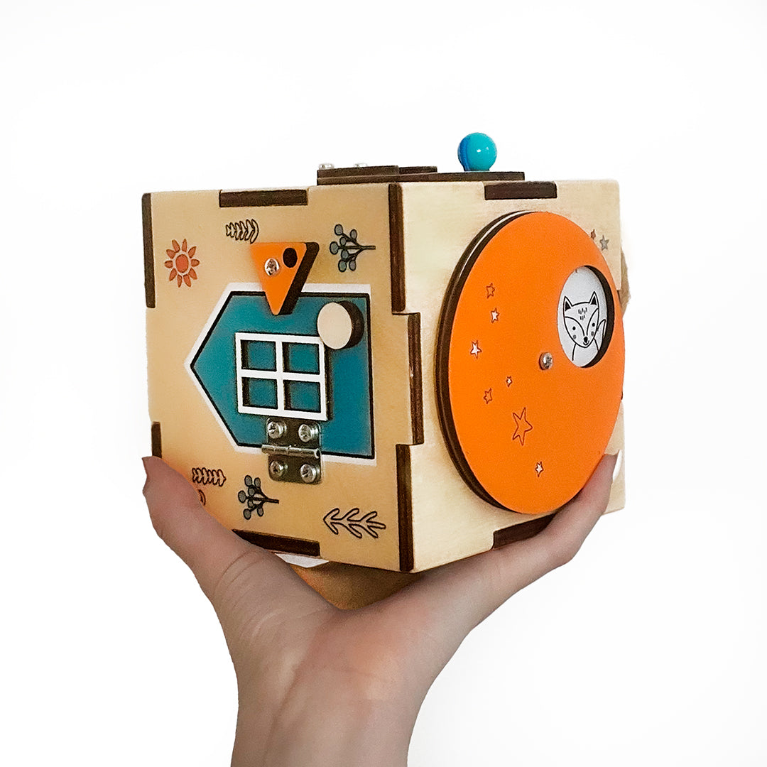 Montessori Busy Cube – Compact Sensory Wooden Toy for Toddler or Baby – Activity Box