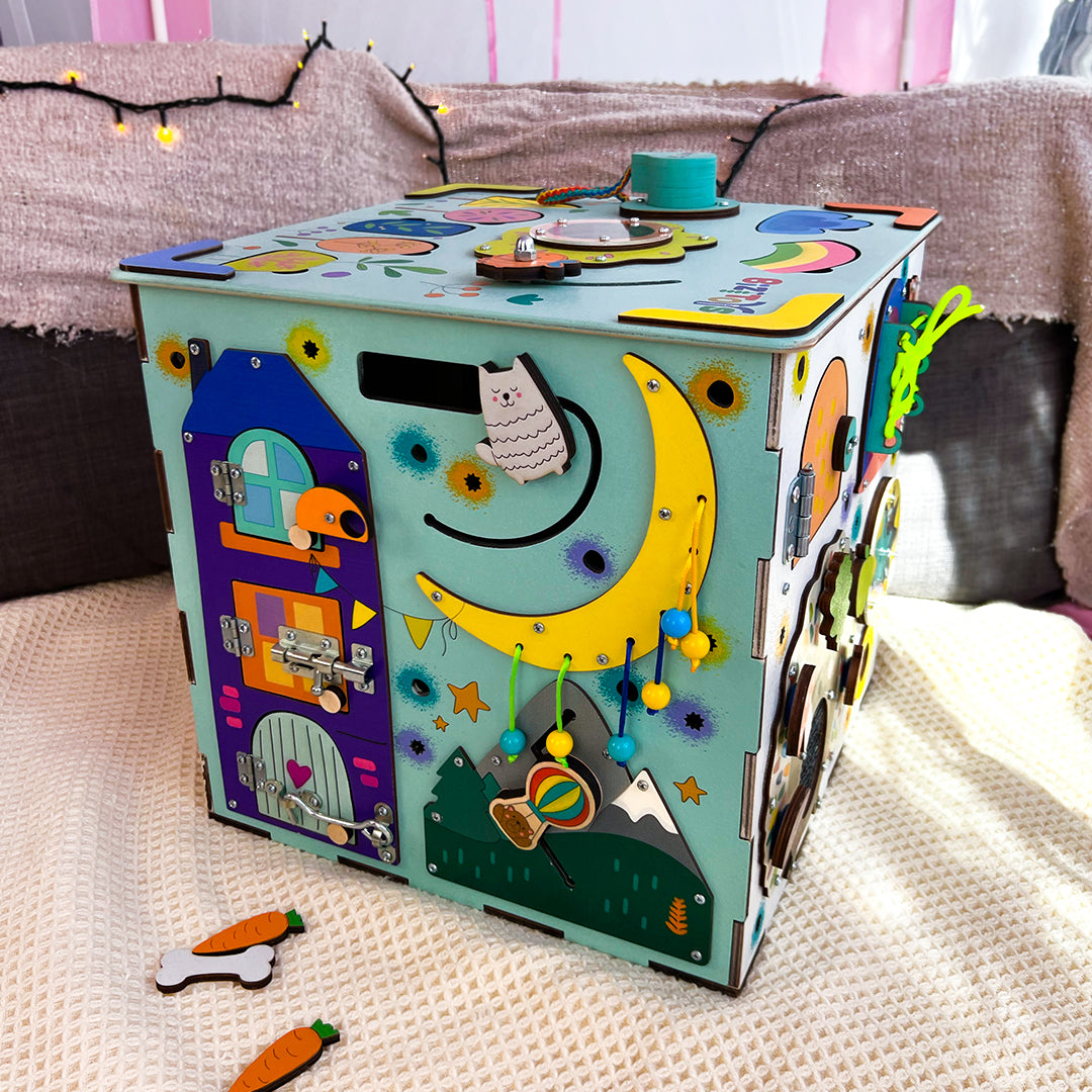 Montessori Wooden Busy Box with Light – Educational Toy for Toddlers and Babies – EN 71 Certified