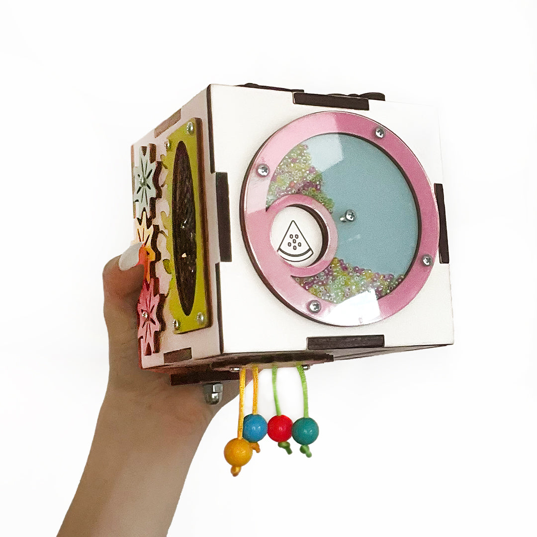 White Montessori Busy Cube Fine Motor Toy for Babies – Travel Wooden Activity Box