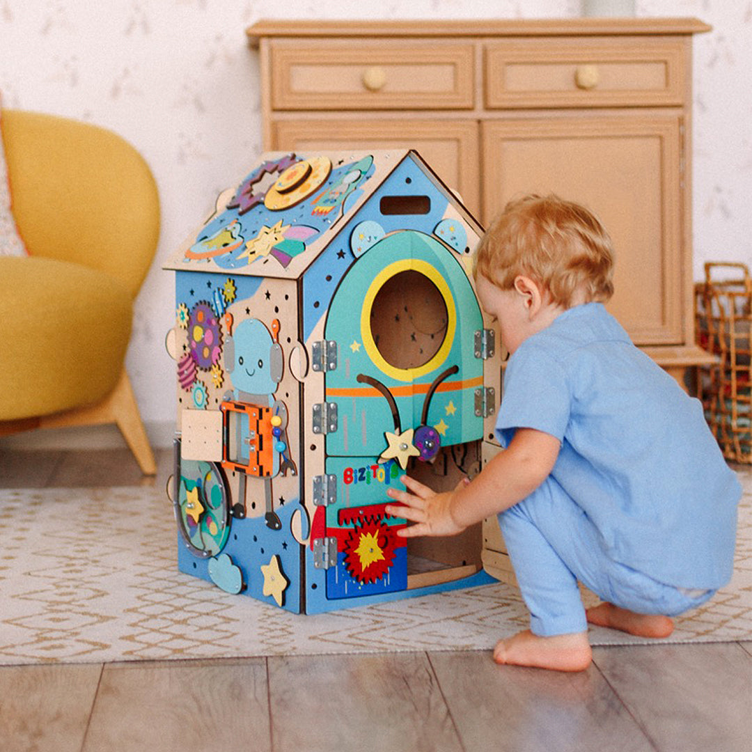 Wooden Montessori Busy House – Space Theme Activity Toy for Babies, Toddlers & Preschoolers