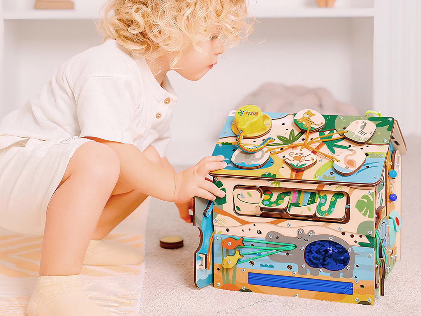 Montessori Wooden Busy House with Light – Safari Activity Box for Toddlers (Ages 0–5)