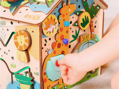 Montessori Wooden Busy House with Light – Safari Activity Box for Toddlers (Ages 0–5)