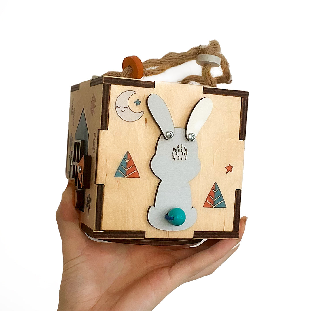 Montessori Busy Cube – Compact Sensory Wooden Toy for Toddler or Baby – Activity Box