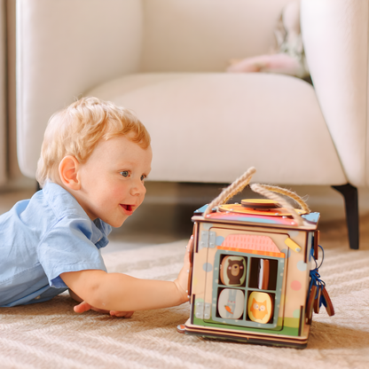 Montessori Wooden Busy Box with Light – Sensory Activity Box for Babies and Toddlers