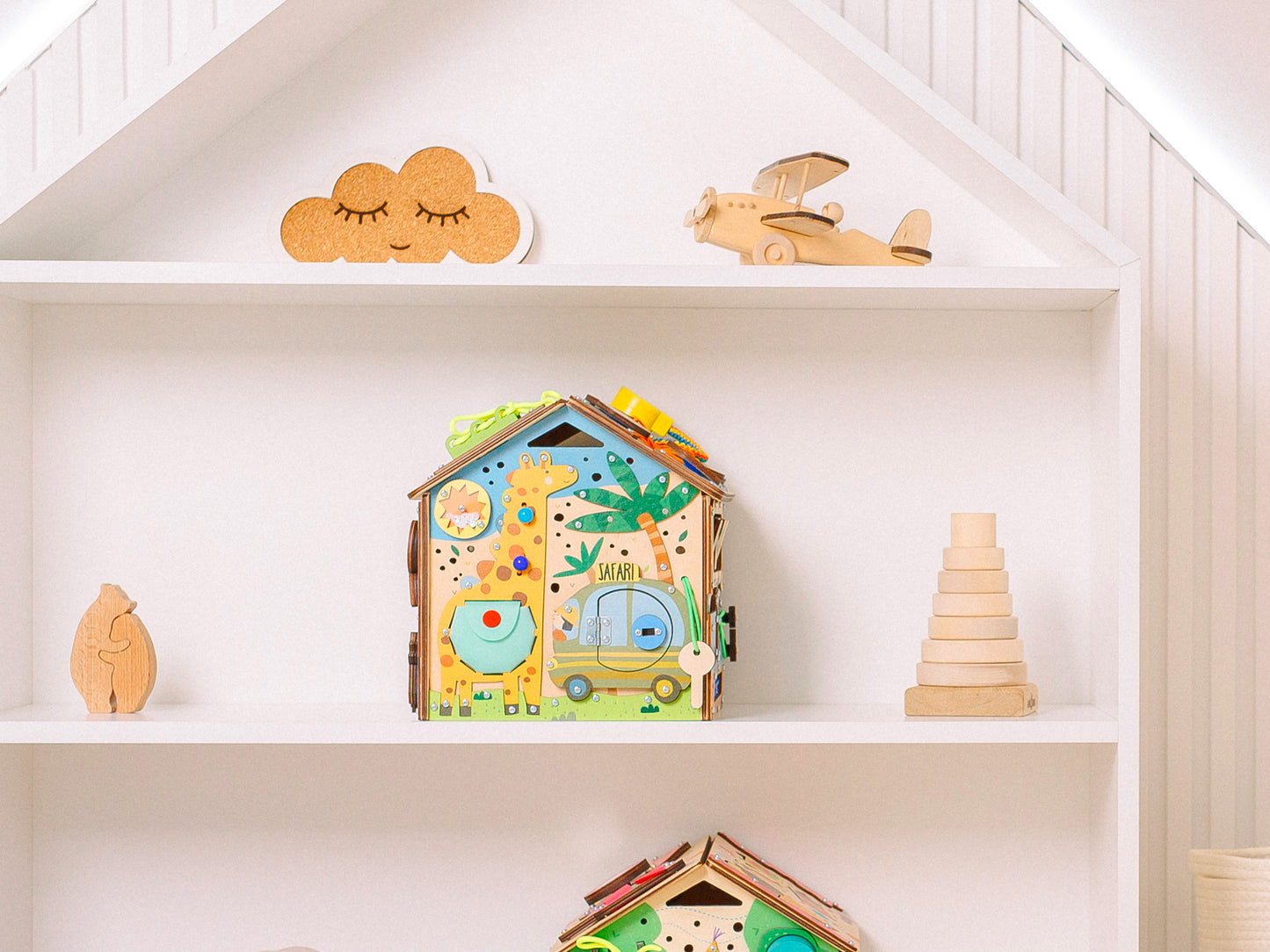 Montessori Wooden Busy House with Light – Safari Activity Box for Toddlers (Ages 0–5)
