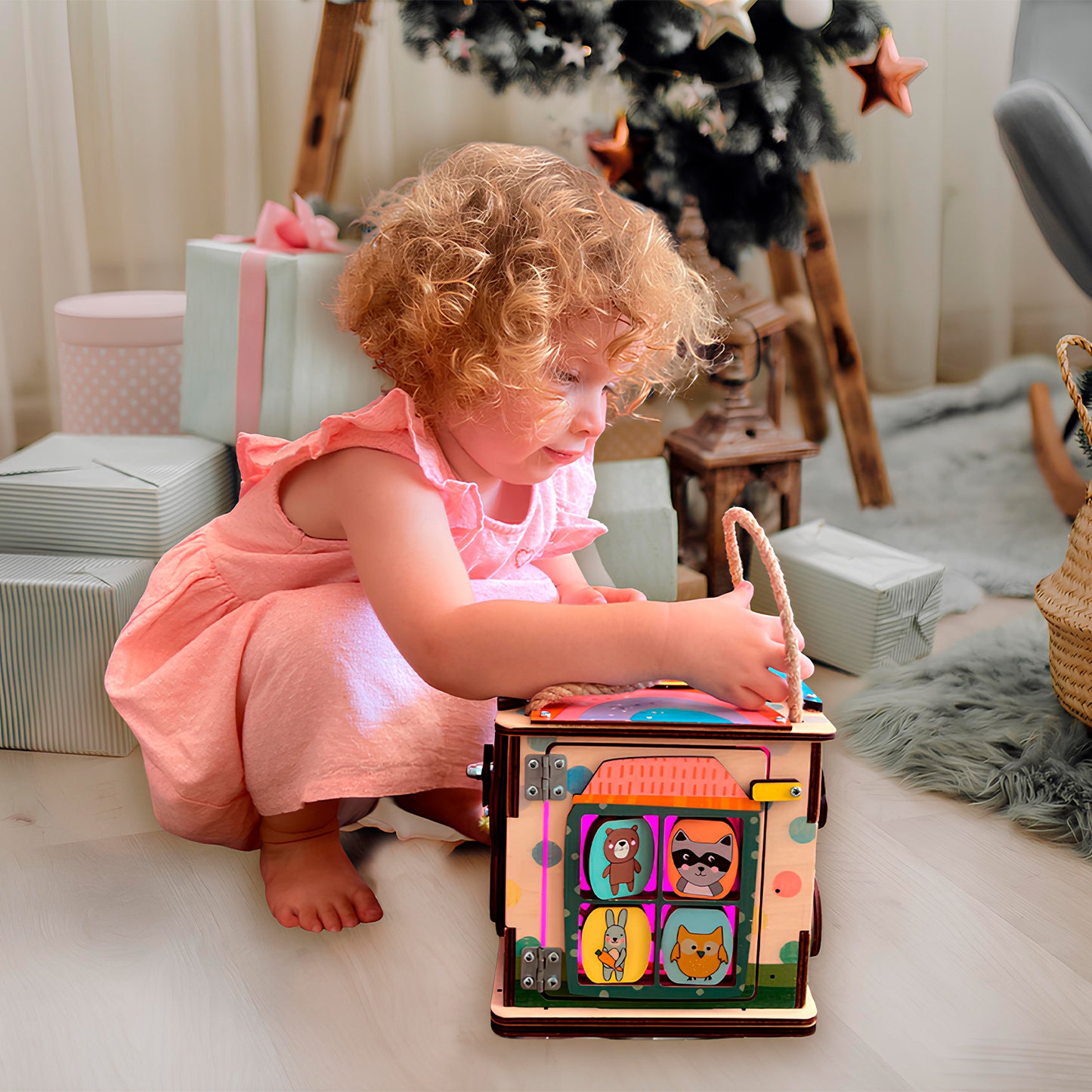 Montessori Wooden Busy Box with Light – Sensory Activity Box for Babies and Toddlers