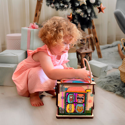 Montessori Wooden Busy Box with Light – Sensory Activity Box for Babies and Toddlers