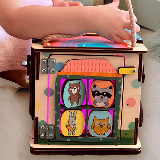 Montessori Wooden Busy Box with Light – Sensory Activity Box for Babies and Toddlers