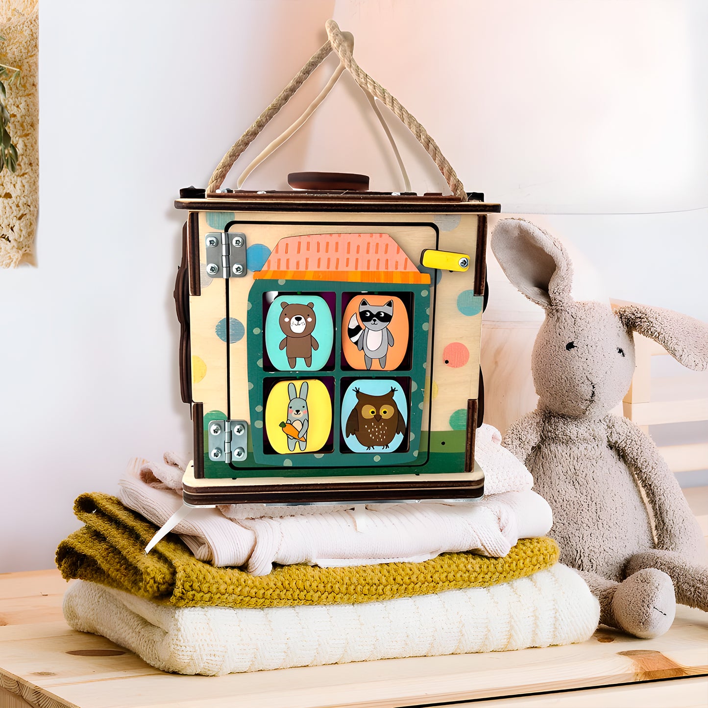 Montessori Wooden Busy Box with Light – Sensory Activity Box for Babies and Toddlers