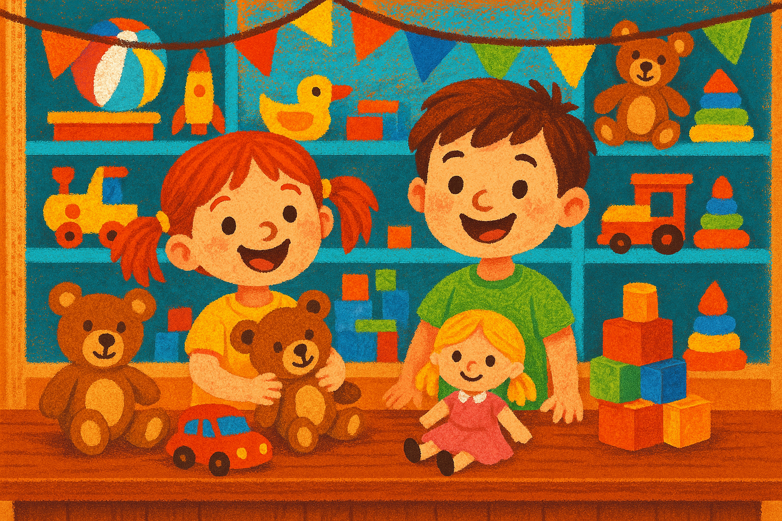 cartoon bright simple chalk painted little girl and boy are selling toys in shop